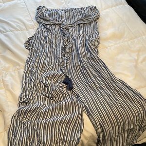 Blue and white strapless romper